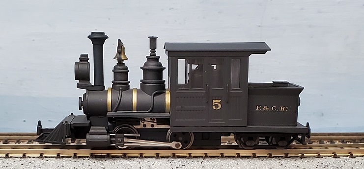 Forney Locomotive 0-4-4 black No. 5. Lettered
with the logo of the Fiddletown & Copperopolis Ry.