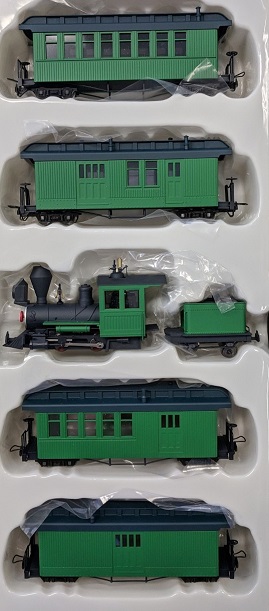 Fiddletown & Copperopolis Green Locomotive
with one each of the green F&C cars unlettered