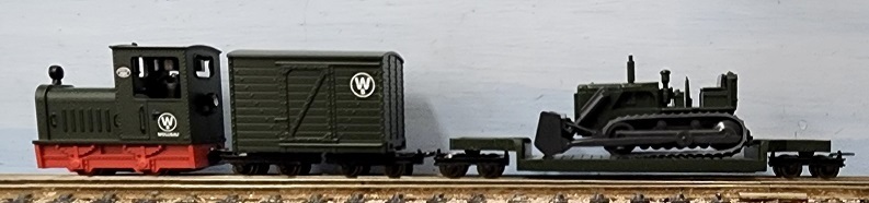Wolli Bau Set with Bulldozer. Geminder, Heavy
Duty Flat car w Bulldozer and Box car