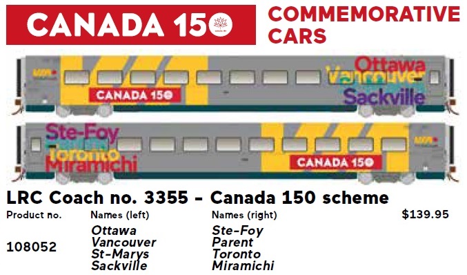 LRC Coach: Canada 150 Scheme - #3355:
Names on car: Ottawa/Vancouver/St. Marys/Sackville, Ste-Foy/Parent/Toronto/Miramichi