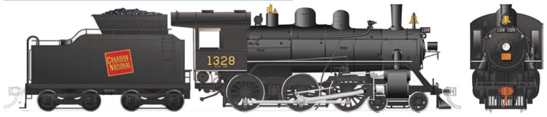 CNR H-6-d - Tilted Wafer, Wood cab,
Manual Reverser, Front-mounted bell, Vertical pilot,
Extended coal tender, Small headlight