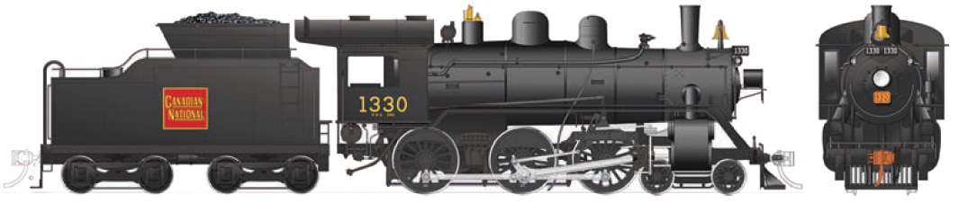 CNR H-6-d - Straight Wafer, Steel cab,
Manual Reverser, Front-mounted bell, Vertical pilot,
Extended coal tender, Large headlight