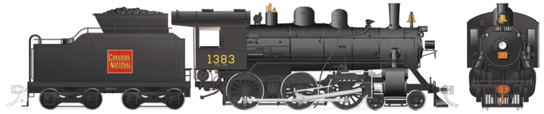 CNR H-6-d - Straight Wafer, Wood cab,
Power Reverser, Front-mounted bell, Horizontal pilot, Extended coal tender, Small headlight