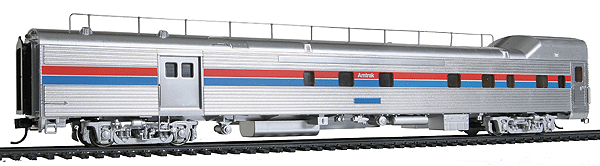 5' Pullman-Standard Baggage-
Dormitory Transition Car - Amtrak(R) (Phase II, Wide Red & Blue Stripes, No Logo, Real Metal Finish)