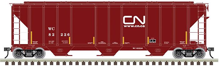  PS-2 4427 3-Bay Covered Hopper -
Canadian National (Boxcar Red, yellow conspicuity marks, Website Logo)

 