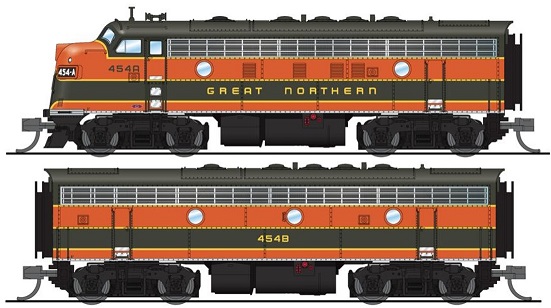  EMD F7 A  Powered / Unpowered B Set -
Sound and DCC - Paragon4 -- Great Northern (Omaha Orange, Pullman Green)

 