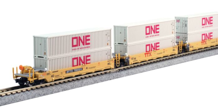  Gunderson Maxi-I 5-Unit Double-Stack
Well Car - TTX (yellow, 2000s red logo, 10 40' ONE gray Containers)

 