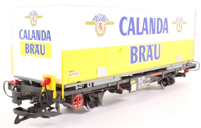  Flat wagon with container 'Calanda Brau' of the RhB 