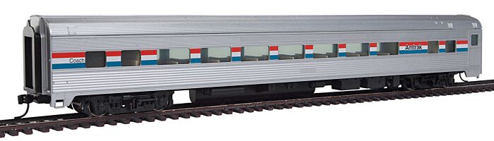  85' Budd Large-Window Coach - Ready to
Run -- Amtrak (Phase III; silver, Equal red, white, blue Stripes)

 