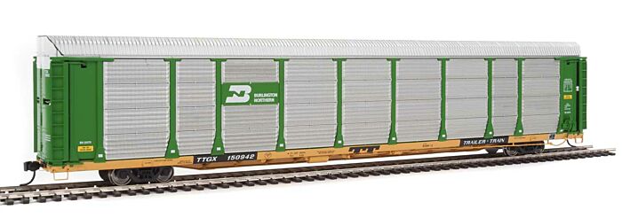 89' Thrall Bi-Level Auto Carrier -
Burlington Northern / TTGX Flat (Car: green, silver; Flat: yellow)
