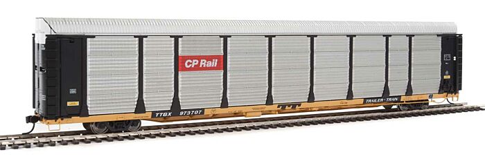 89' Thrall Bi-Level Auto Carrier - CP Rail /
TTGX Flatcar (Car: black, silver; Flat: yellow)